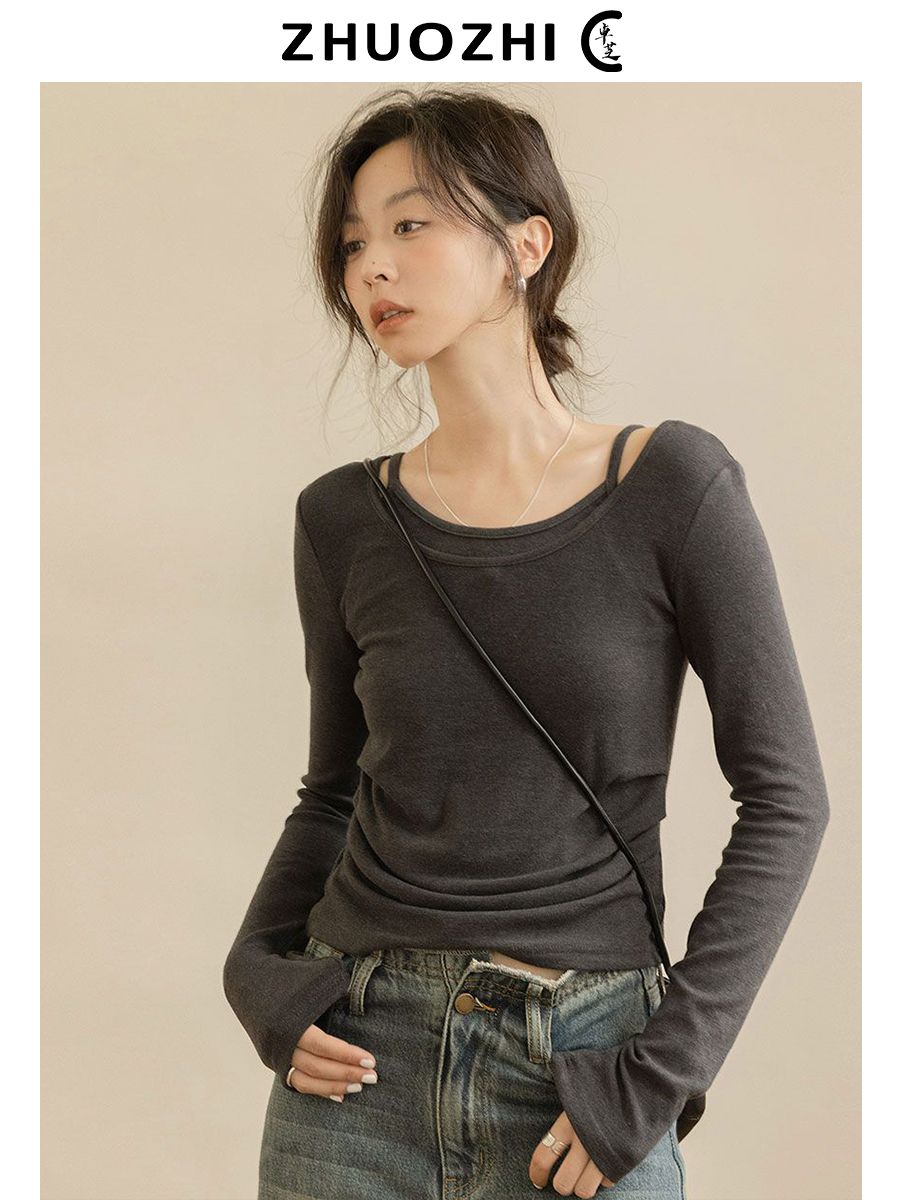 卓芝法式高級感灰色U型領假兩件上衣女2023秋冬新款洋氣修身上衣