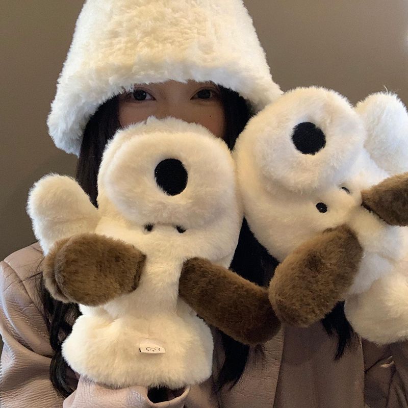 Puppy plush gloves for women in winter, Korean version, cute, cold-proof, plus velvet, thickened, warm, cycling halterneck, mittens, student trend