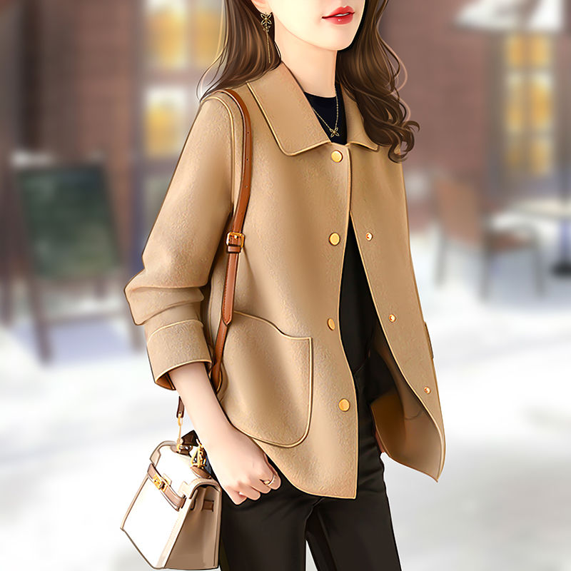 Double-sided cashmere coat for women 2023 new spring and autumn small and short high-end camel wool woolen coat