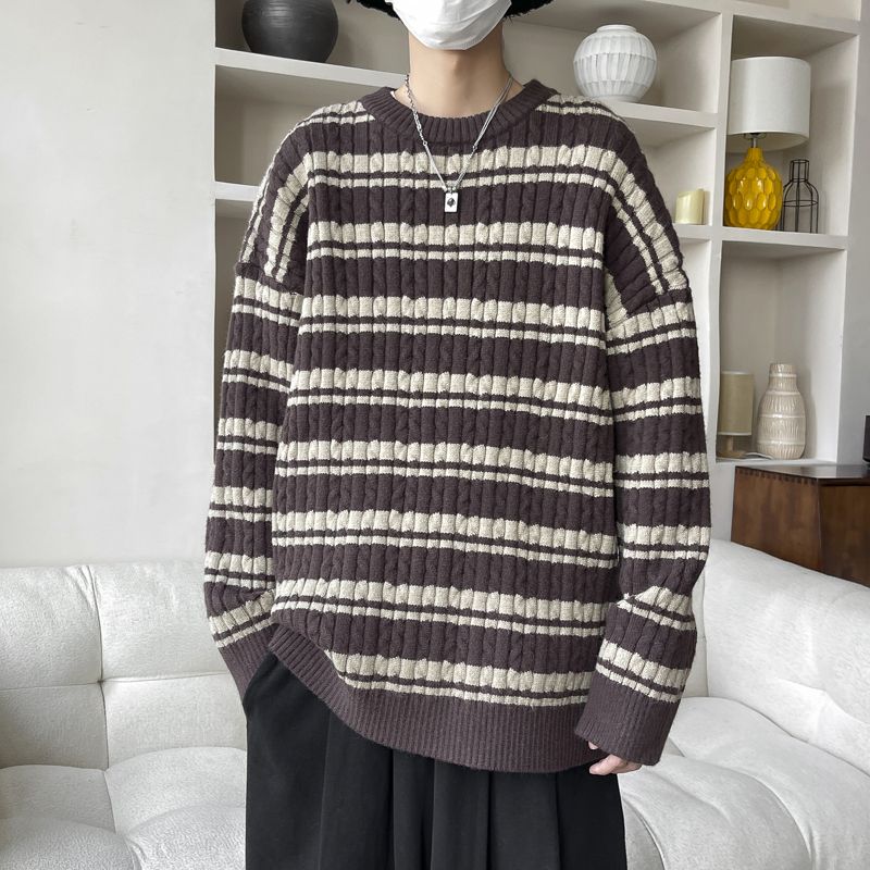 Winter thickened men's sweater Japanese retro loose striped sweater trendy brand ins lazy style pullover sweater