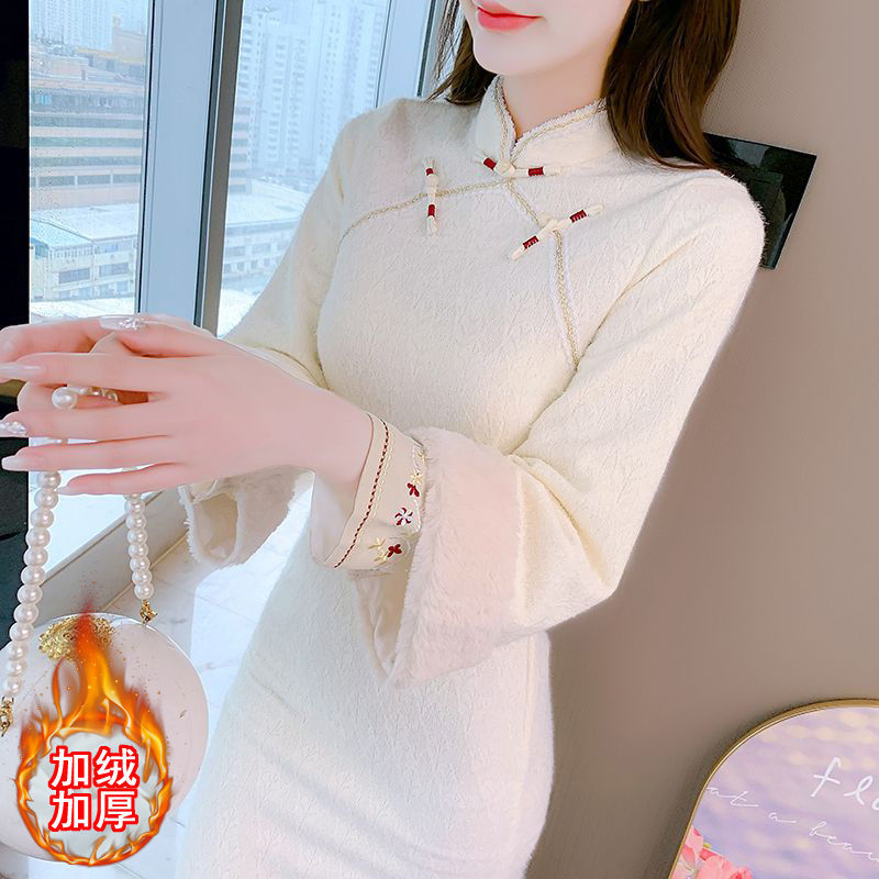 新中式改良旗袍2023新款秋冬加厚加絨優雅氣質年輕少女長袖連衣裙