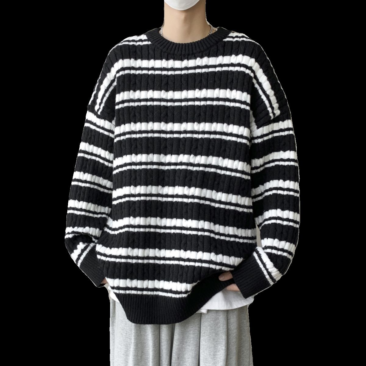 Winter thickened men's sweater Japanese retro loose striped sweater trendy brand ins lazy style pullover sweater