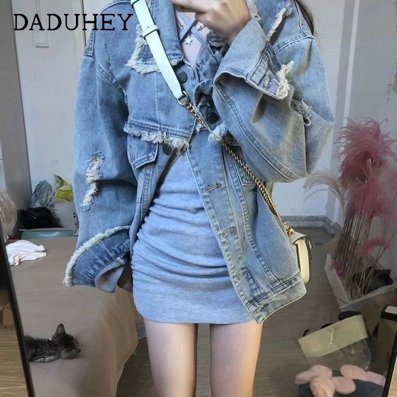 Autumn and winter new style loose style ripped denim jacket for women Hong Kong style retro design chic tassel jacket top fashion