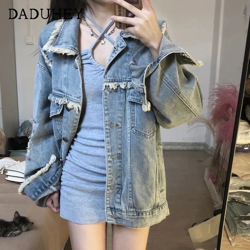 Autumn and winter new style loose style ripped denim jacket for women Hong Kong style retro design chic tassel jacket top fashion