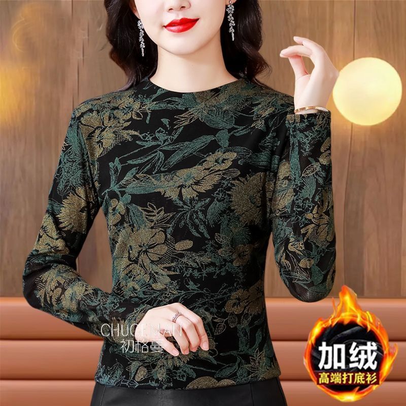 商場專櫃南韓紗打底衫長袖女士上衣秋冬新款寬鬆遮肚印花洋氣小衫