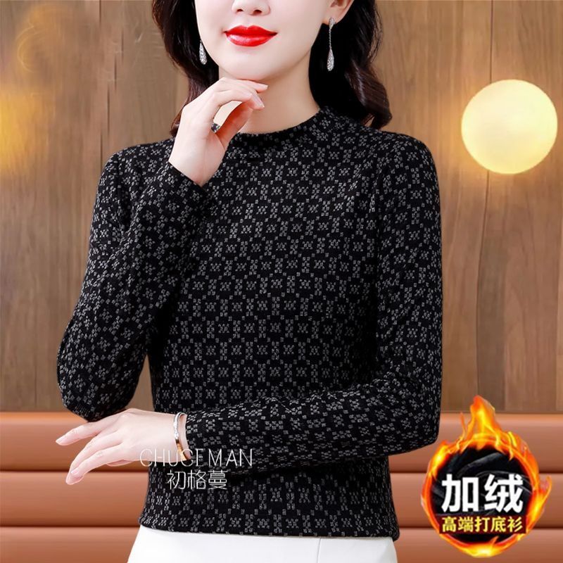 商場熱賣印花羊毛打底衫女長袖上衣秋冬新款寬鬆洋氣中年媽媽小衫