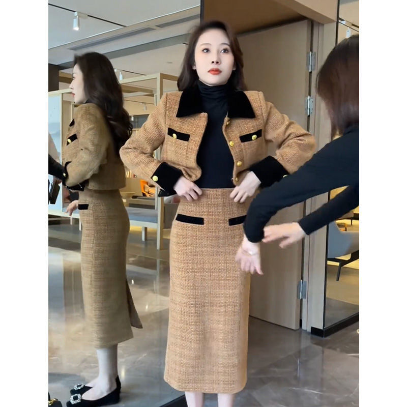 Temperament small fragrance suit for women 2023 spring and autumn new style lapel stitching contrasting top slimming skirt two-piece set
