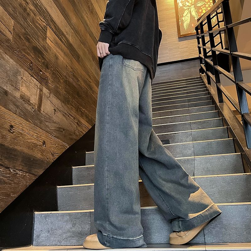 American retro jeans men's trendy brand ins drape floor-length pants spring and autumn loose old casual wide-leg pants