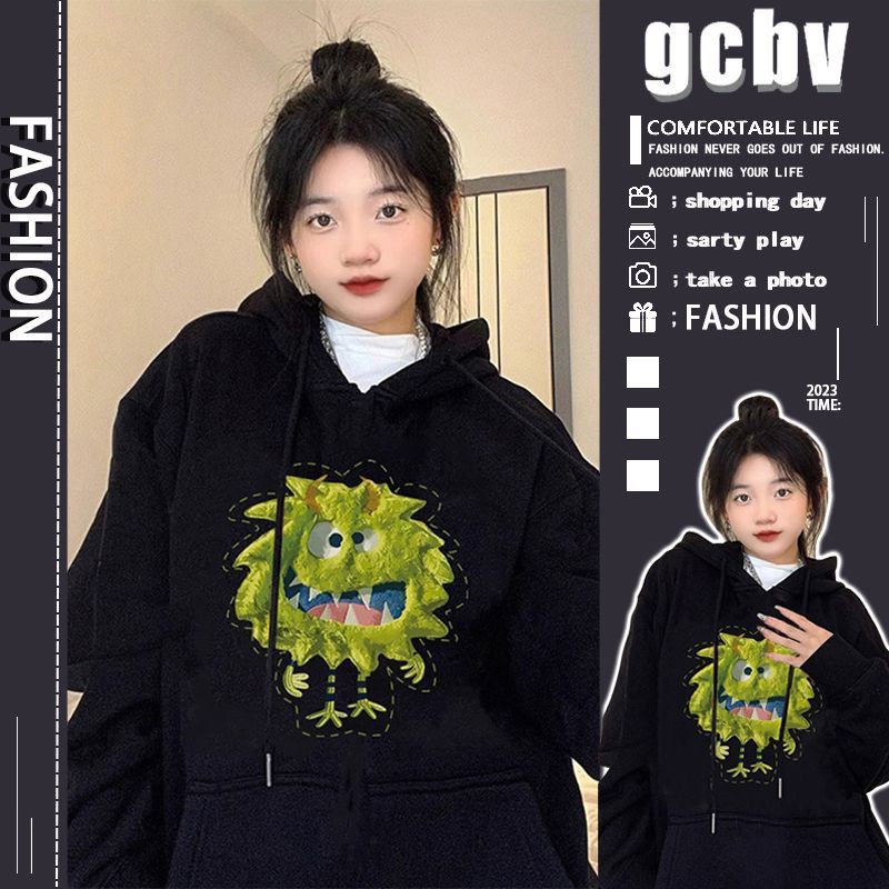 450G重磅純棉銀狐絨黑色vintage小眾連帽衛衣女秋冬小個子外套女
