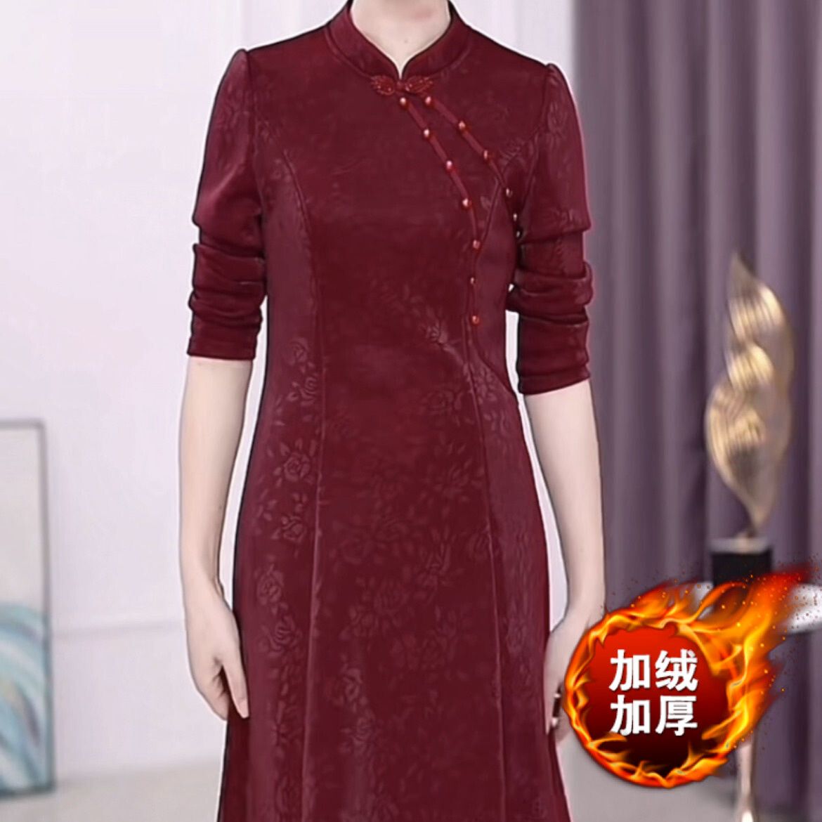 珠光四面彈加絨加厚連衣裙2023新款秋冬女高檔國風改良版旗袍裙子