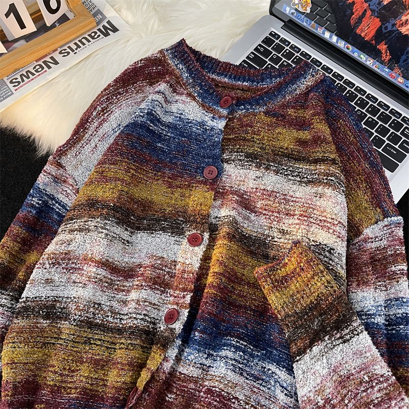 Thickened cardigan sweater American loose couple men's jacket winter trendy brand ins design tie-dye sweater