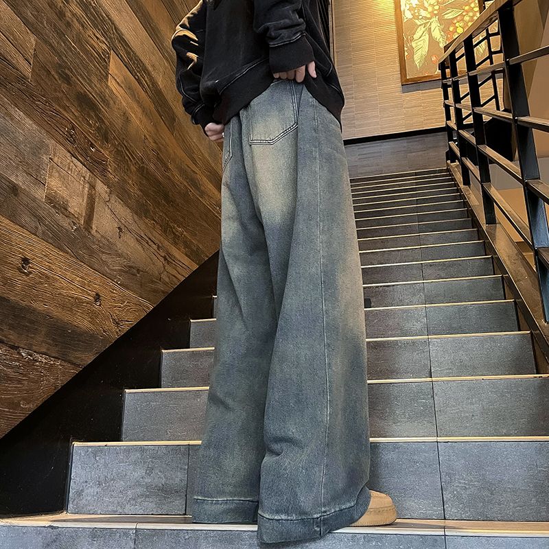 American retro jeans men's trendy brand ins drape floor-length pants spring and autumn loose old casual wide-leg pants