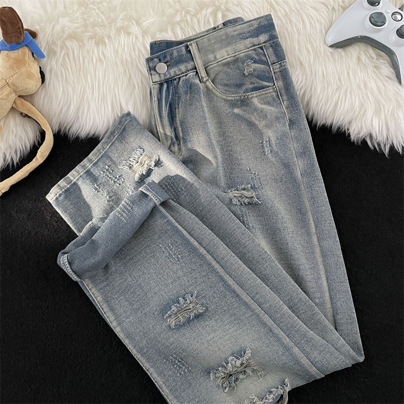 Straight-leg ripped jeans for men in spring and autumn trendy brand ins washed distressed pants American high street loose wide-leg pants