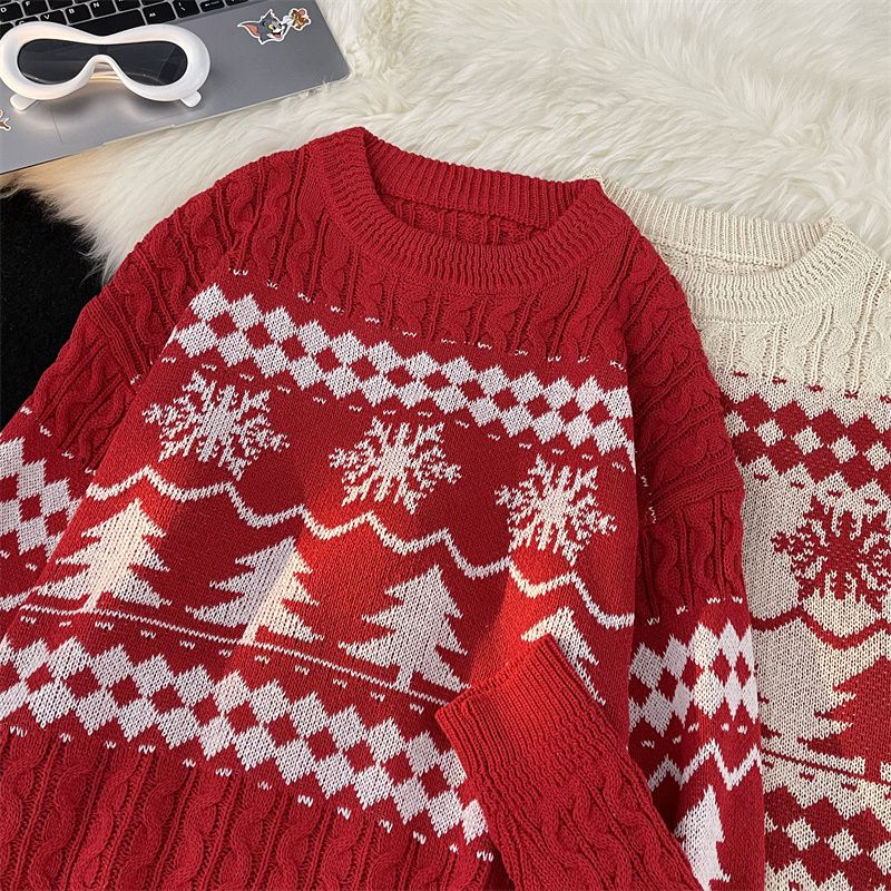 Jacquard couple sweater American retro trendy brand ins sweater men's winter loose thickened lazy wind sweater