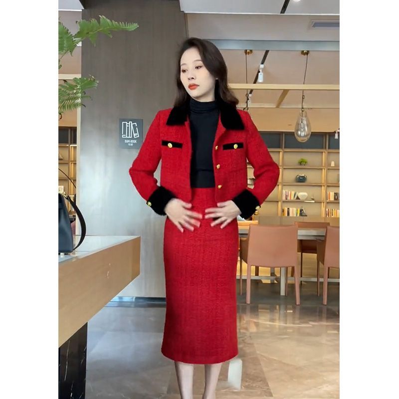 Temperament small fragrance suit for women 2023 spring and autumn new style lapel stitching contrasting top slimming skirt two-piece set