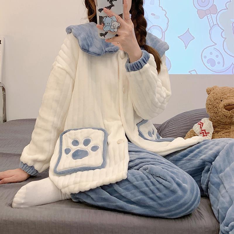 法蘭絨睡衣女加厚卡通學生秋冬季2023年新款珊瑚絨保暖家居服套裝