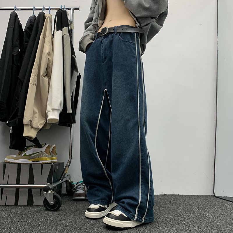 Trendy brand hip-hop jeans for men in spring and autumn American hiphop design pants loose and drapey wide-leg floor-length pants