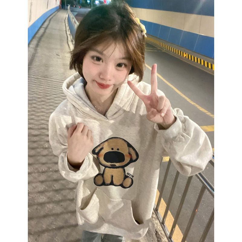 UO100%450純棉重磅銀狐絨連帽衛衣女學生卡通可愛狗百搭秋冬外套