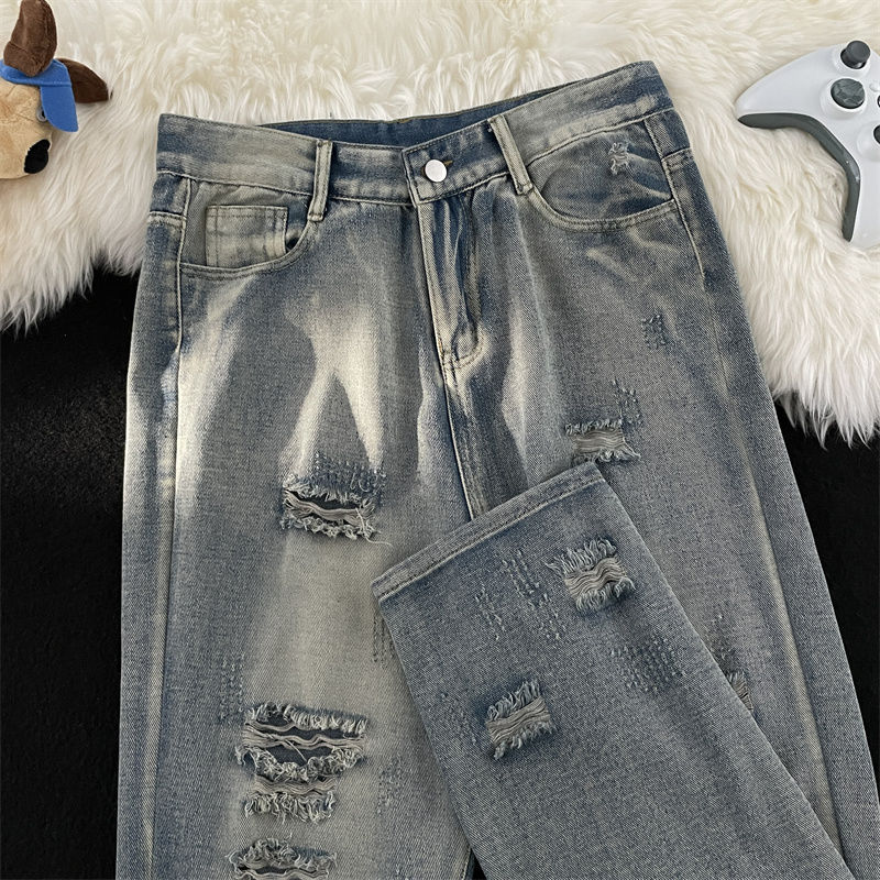 Straight-leg ripped jeans for men in spring and autumn trendy brand ins washed distressed pants American high street loose wide-leg pants