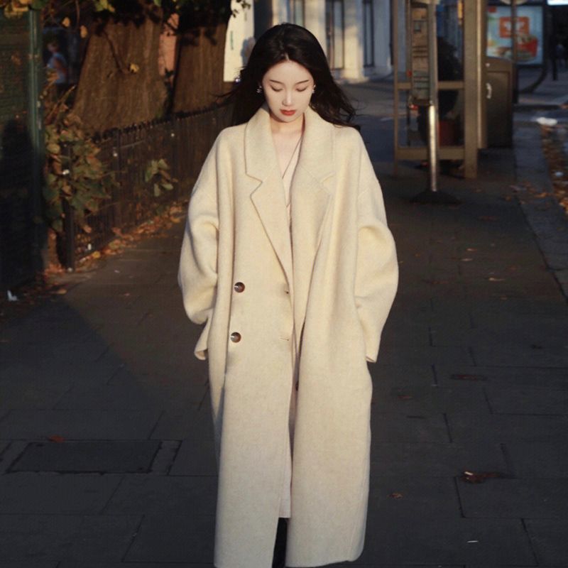 White double-sided cashmere coat women's mid-length autumn and winter new small oatmeal color thickened woolen coat