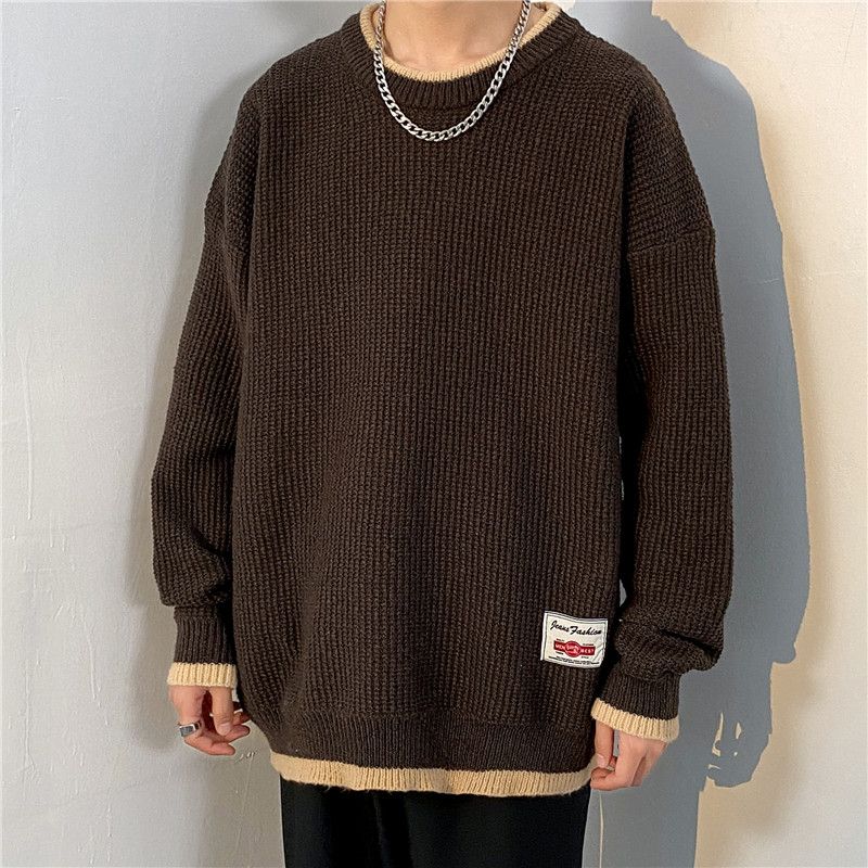 Fake two-piece sweater for men in autumn and winter thickened pullover sweater for teenagers loose American trend inner sweater