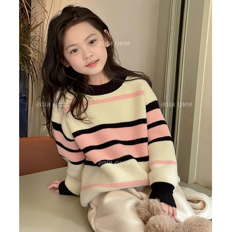 女童洋氣軟糯條紋毛衣2023秋冬新款寬鬆甜美童裝撞色針織衫上衣潮