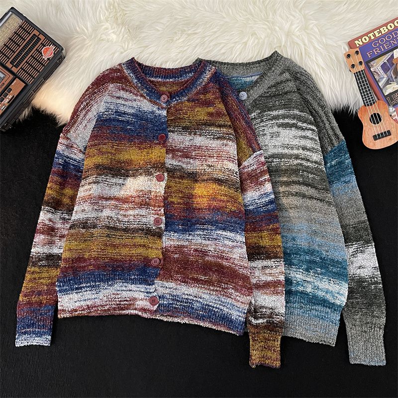 Thickened cardigan sweater American loose couple men's jacket winter trendy brand ins design tie-dye sweater