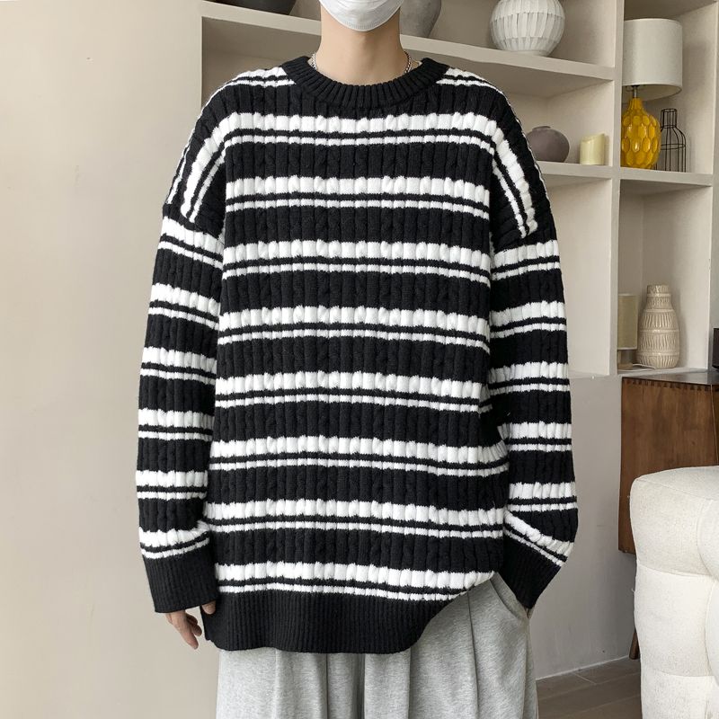 Winter thickened men's sweater Japanese retro loose striped sweater trendy brand ins lazy style pullover sweater