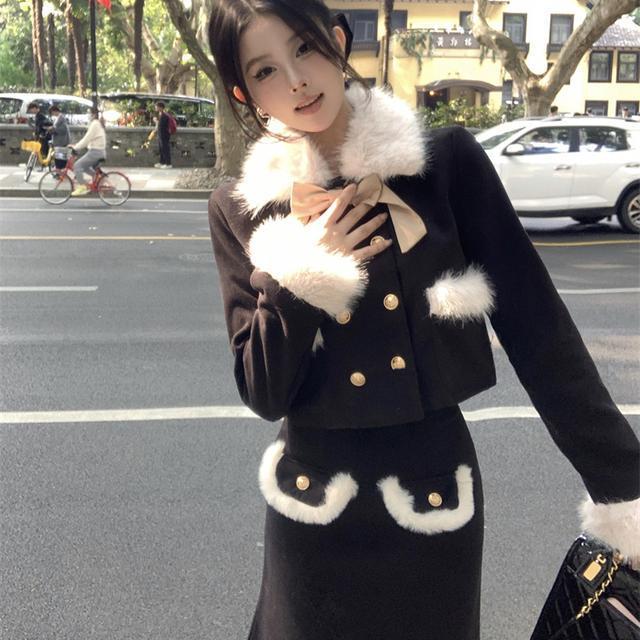 小香風毛毛領夾棉加厚毛呢外套女秋冬套裝包臀半身裙短裙子兩件套