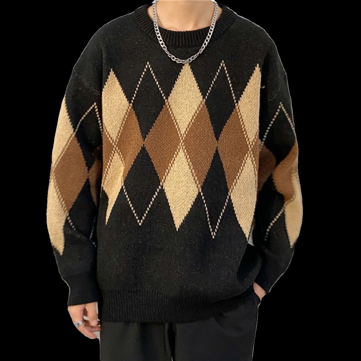 Diamond jacquard sweater ins Japanese retro trendy brand sweater men's autumn and winter loose thickened base layer