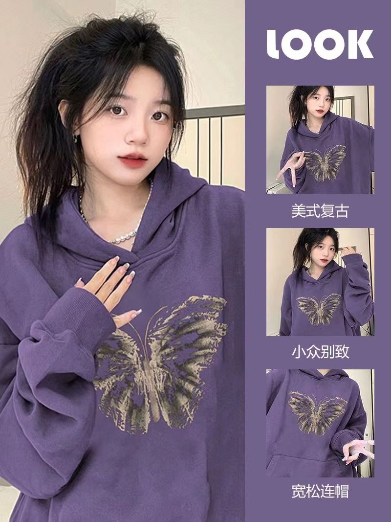 450G重磅銀狐絨純棉連帽衛衣女秋季慵懶風小眾港味chic長袖上衣女