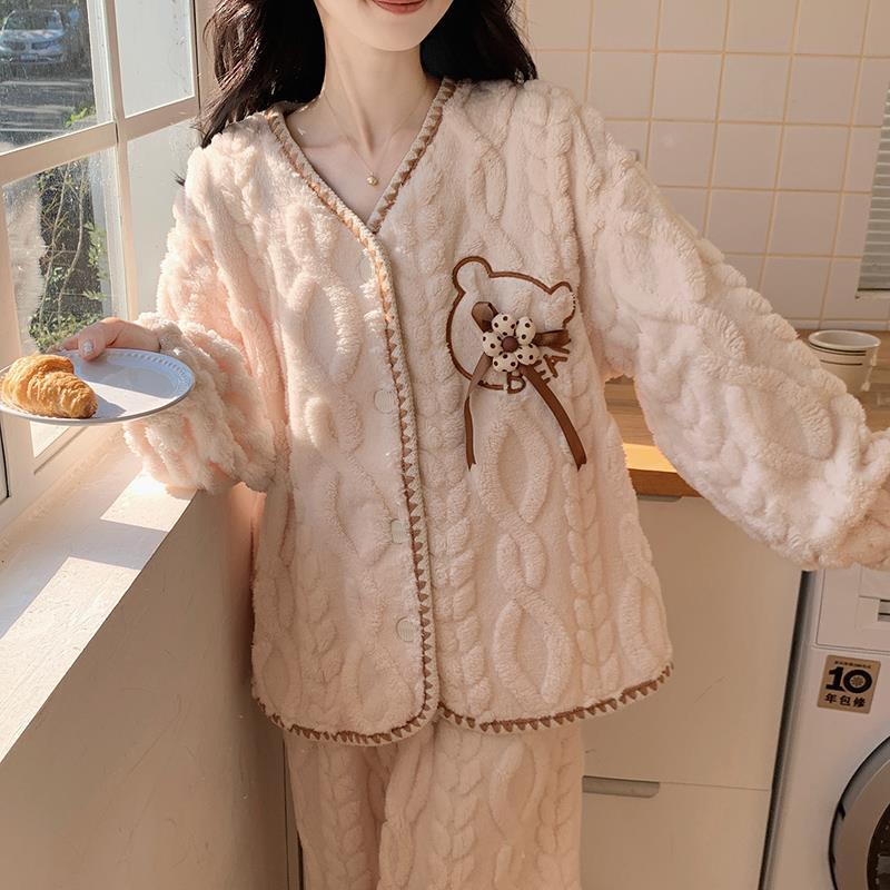 珊瑚絨睡衣女秋冬季加絨厚高級感小熊花朵法蘭絨家居服可外穿套裝