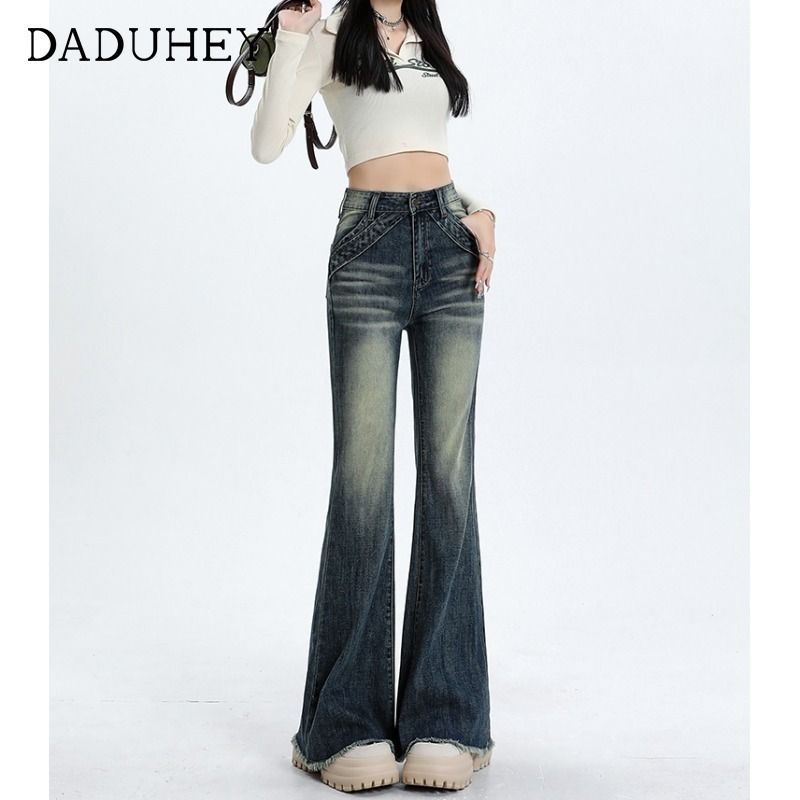 Retro high-waist stretch micro-flared jeans for women, autumn and winter design, American raw edges, slimming, wide legs