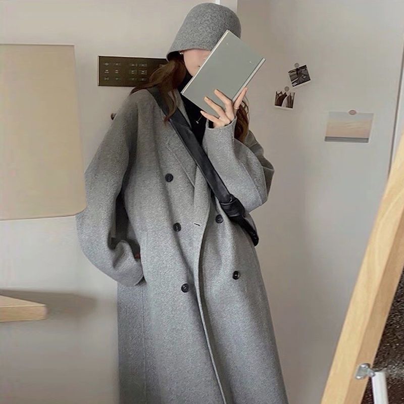 Double-sided cashmere coat women's mid-length 2023 winter new small suit thickened gray woolen coat