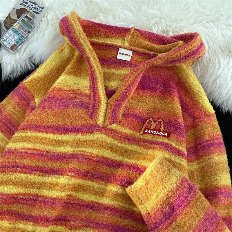 Embroidered striped sweater men's winter loose thickened high-end coat American trendy handsome hooded sweater