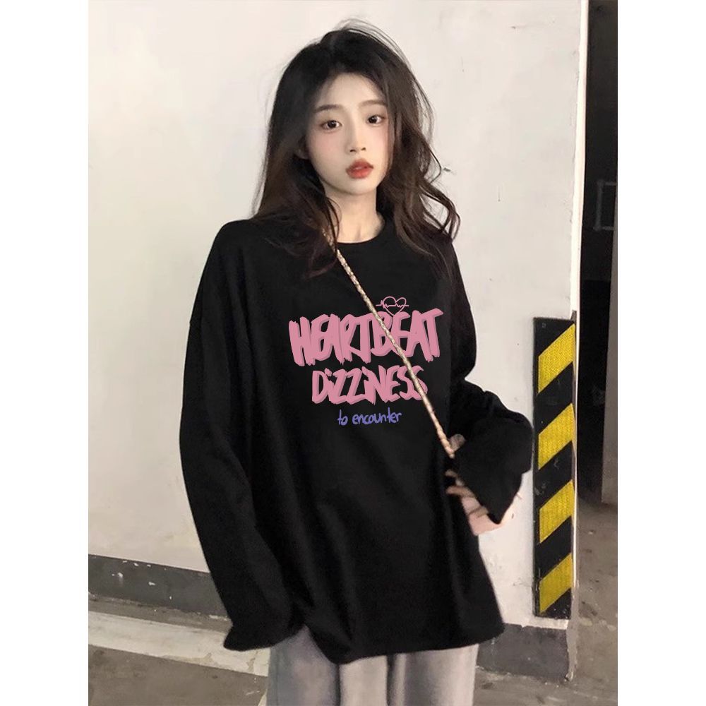 100% pure cotton autumn Korean style Harajuku style simple letter printed T-shirt students loose long-sleeved tops for women