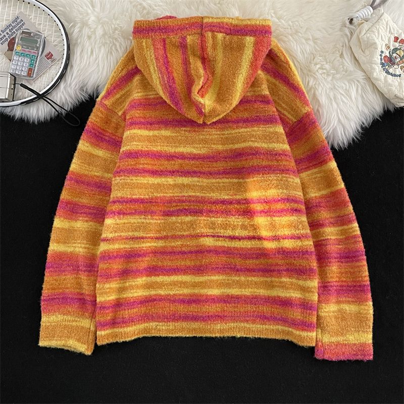 Embroidered striped sweater men's winter loose thickened high-end coat American trendy handsome hooded sweater