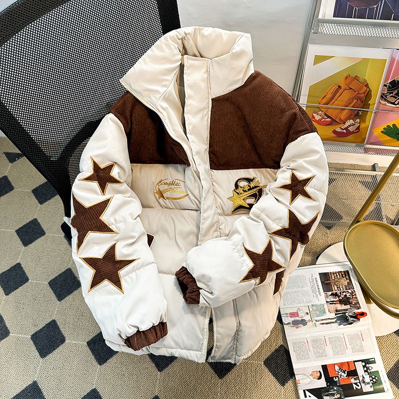 五角星刺繡棉衣男冬季美式加厚立領羽絨棉服潮牌寬鬆情侶棉襖外套