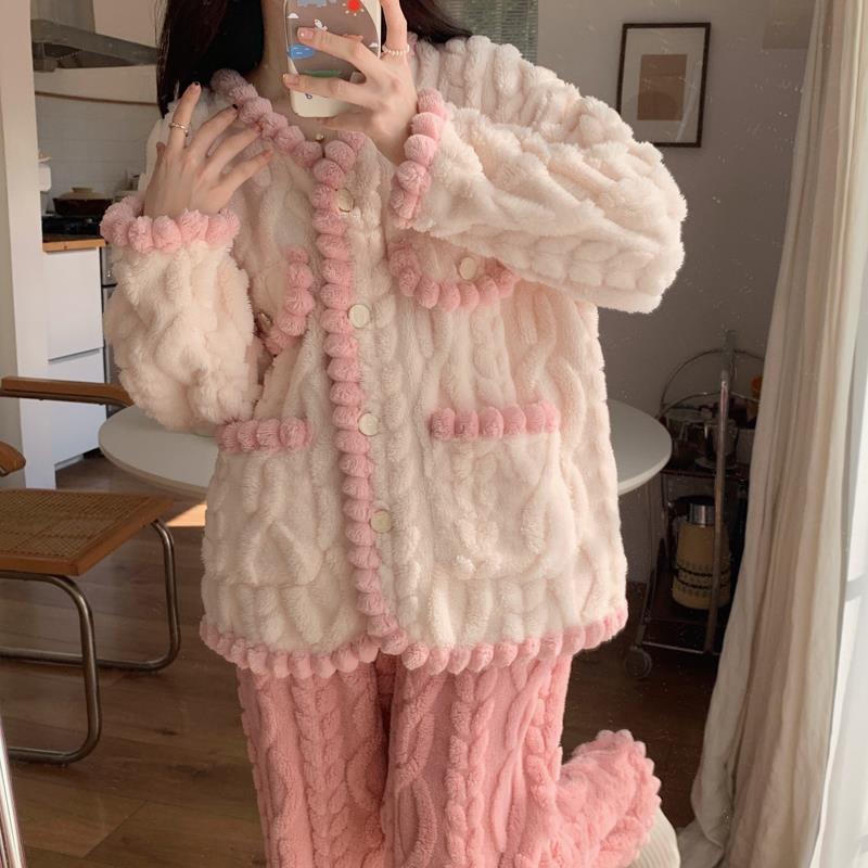 ins韓系小香風睡衣女春秋冬季加厚珊瑚絨新款高級感法蘭絨家居服