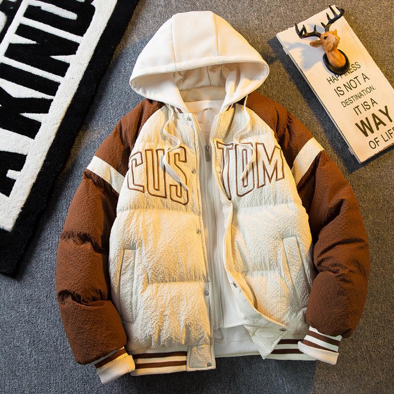 Hengpai trendy product contrasting color splicing fake two-piece cotton-padded jacket for men in winter thickened trendy brand hooded cotton-padded jacket winter coat