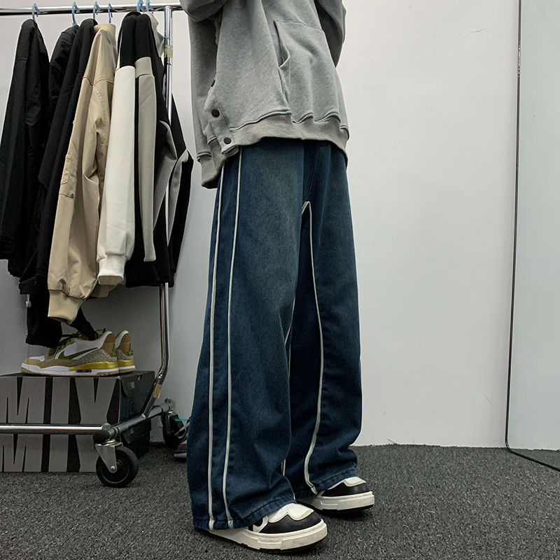 Trendy brand hip-hop jeans for men in spring and autumn American hiphop design pants loose and drapey wide-leg floor-length pants