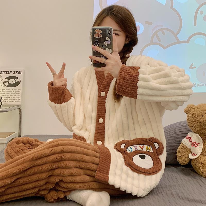 睡衣女秋冬季珊瑚絨加厚加絨法蘭絨甜美學生ins風可外穿家居服