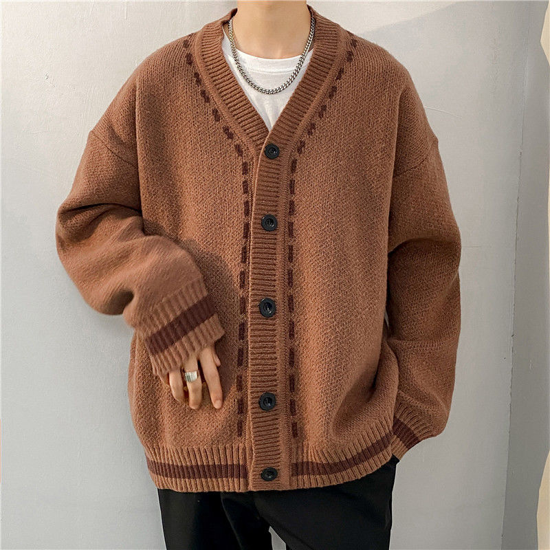 Autumn and winter V-neck cardigan sweater men's Japanese trendy brand sweater jacket light mature style loose handsome Korean style top