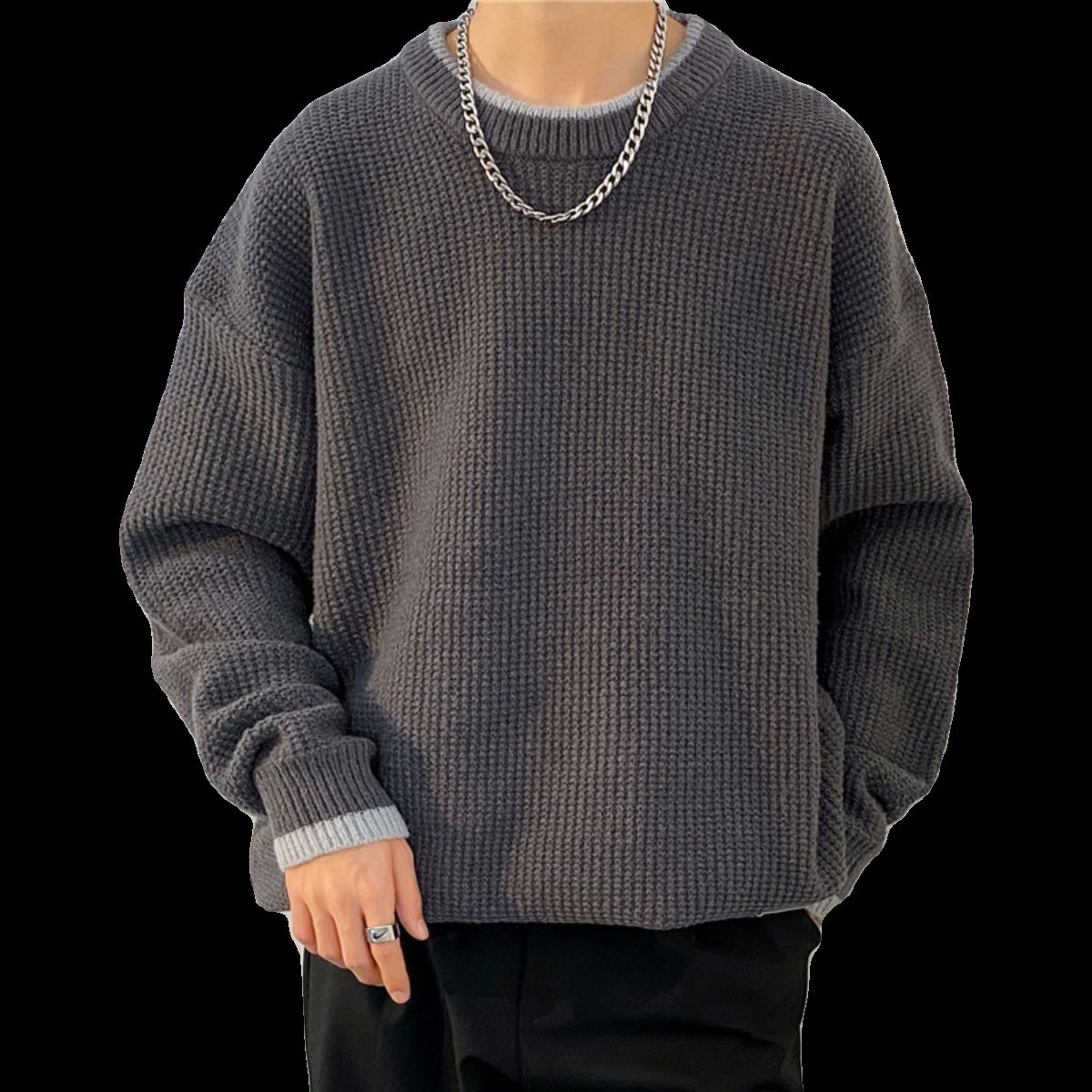 Fake two-piece sweater for men in autumn and winter thickened pullover sweater for teenagers loose American trend inner sweater