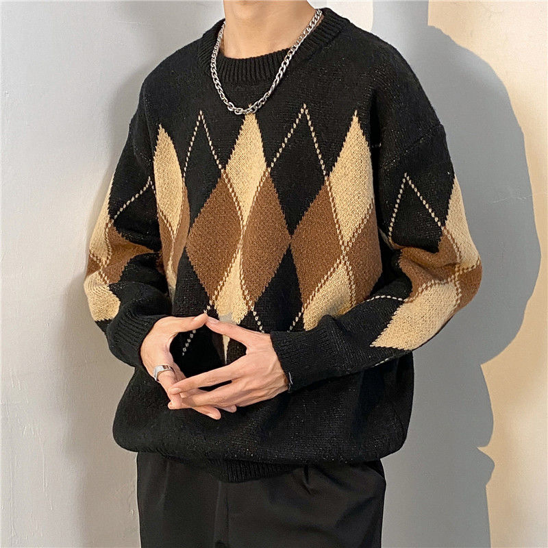 Diamond jacquard sweater ins Japanese retro trendy brand sweater men's autumn and winter loose thickened base layer