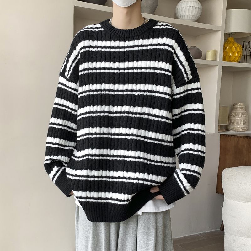 Winter thickened men's sweater Japanese retro loose striped sweater trendy brand ins lazy style pullover sweater