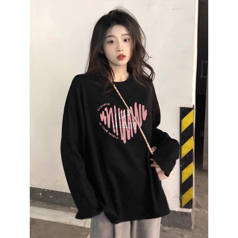 100%純棉長袖t恤女秋季2023新款韓版寬鬆百搭黑色印花上衣ins潮