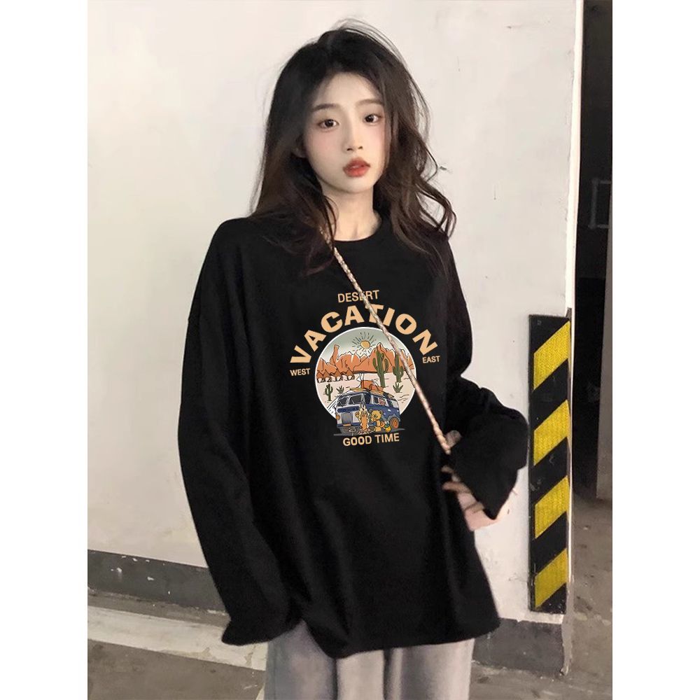 長袖T恤女學生寬鬆純棉百搭打底衫秋裝內搭ins上衣秋季印花衛衣潮