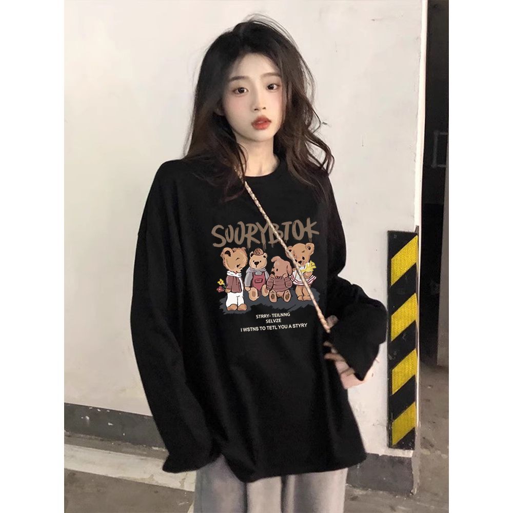 100%純棉長袖T恤女秋季內搭黑色打底衫韓版ins寬鬆百搭印花上衣潮