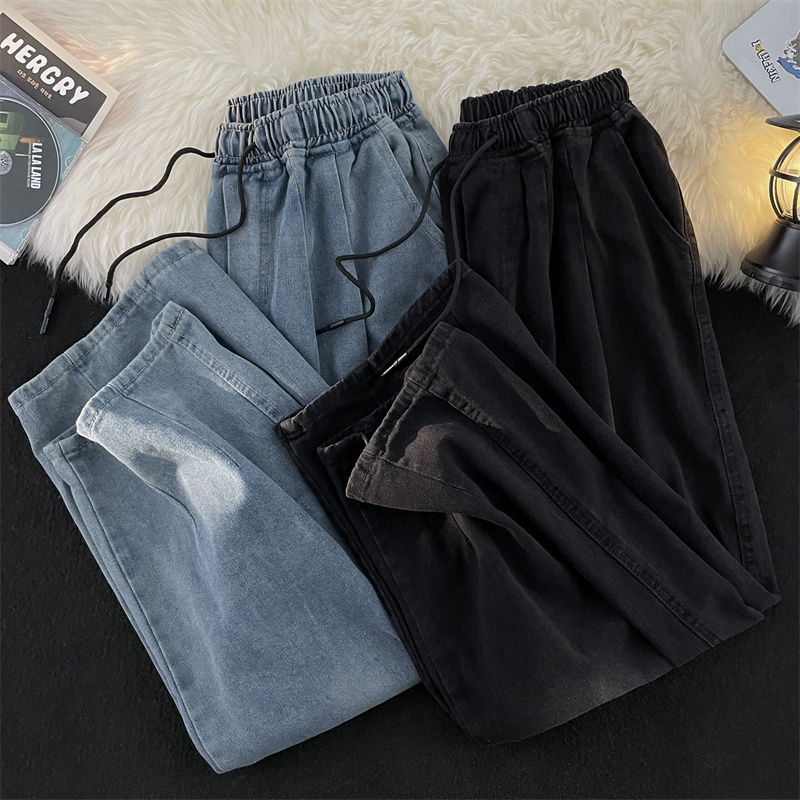 Elastic waist jeans for men in spring and autumn ins Japanese style washed wide leg pants trendy brand hip-hop loose straight long pants